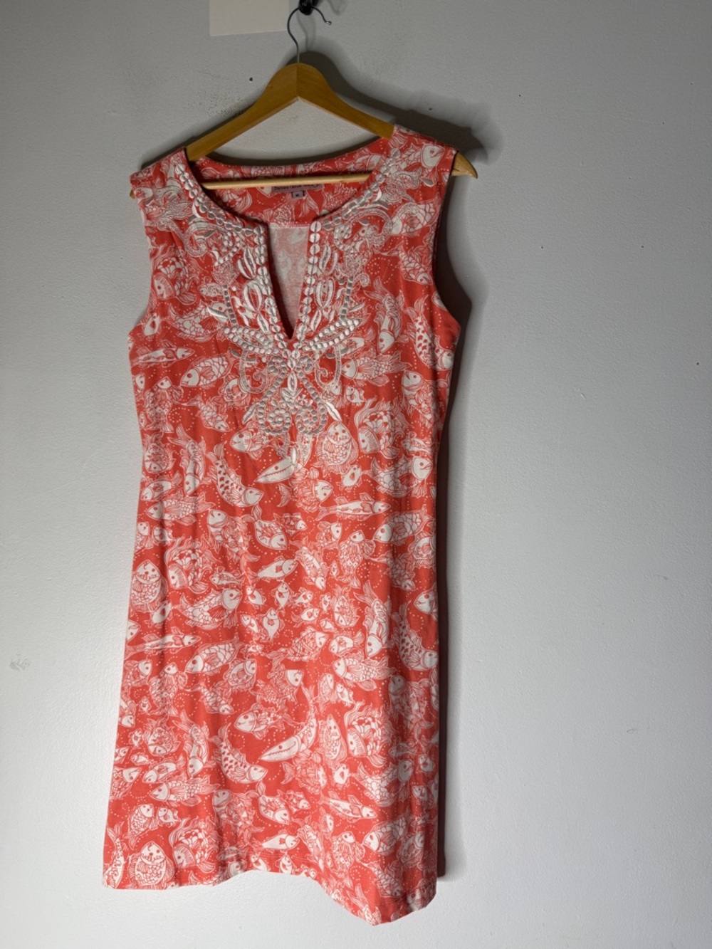 barbara gerwit Beaded V‎ Neck Tunic Sleeveless Nautical Fish Print Dress M